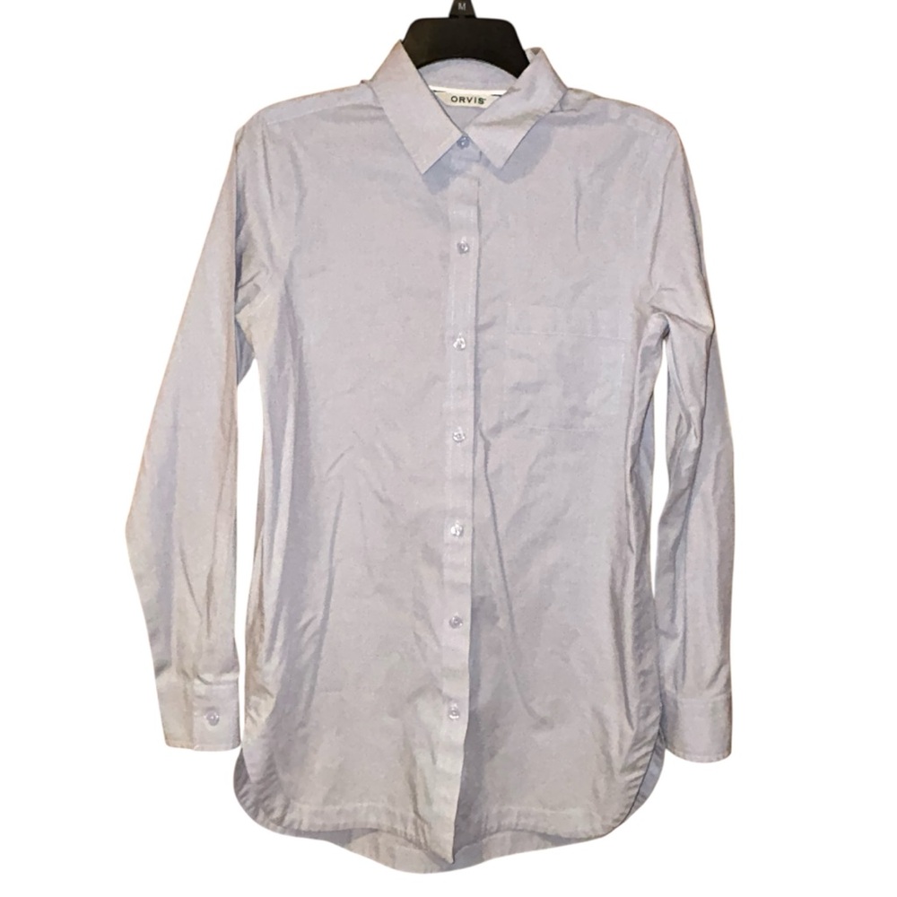 Orvis Women’s Blue Button Down Shirt Blouse Size 8 Stretch Cotton Minimalist